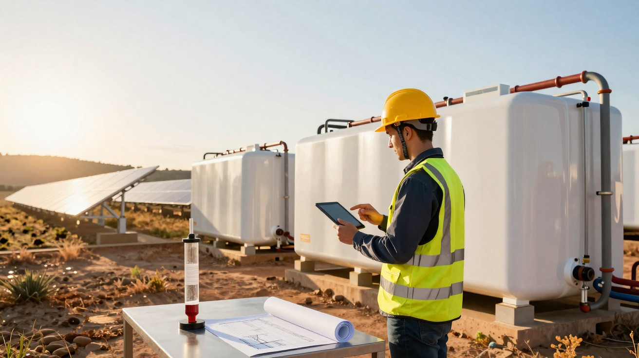 Ingenieur mit Schutzhelm und Weste prüft Solarenergieanlage und Tanks im Freien bei Sonnenuntergang.