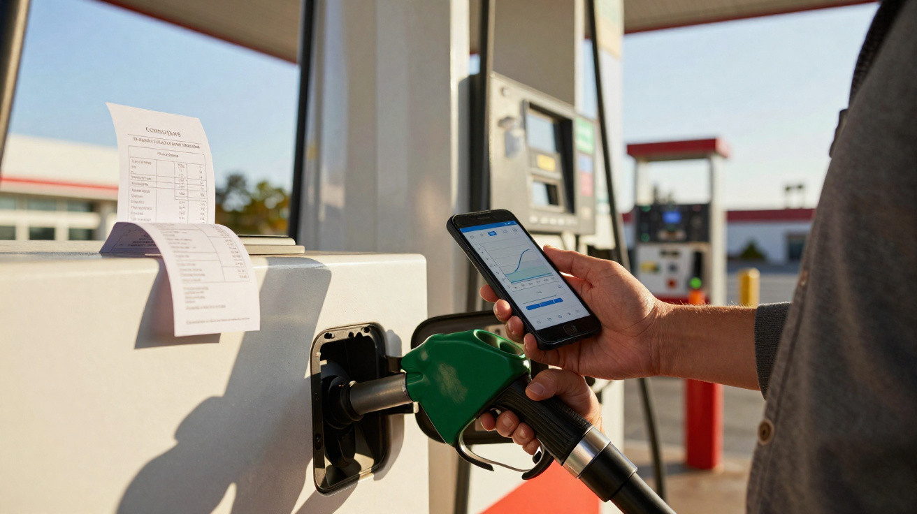 Person an Tankstelle hält Zapfpistole in Fahrzeugtank und nutzt Smartphone mit Finanzdiagramm.