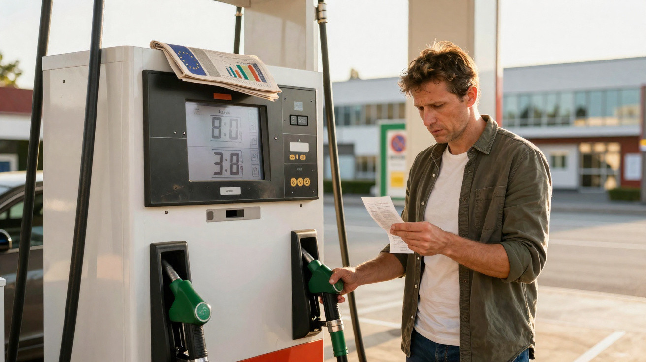 Mann an Tankstelle hält Zapfpistole und liest Beleg während er Benzin tankt.