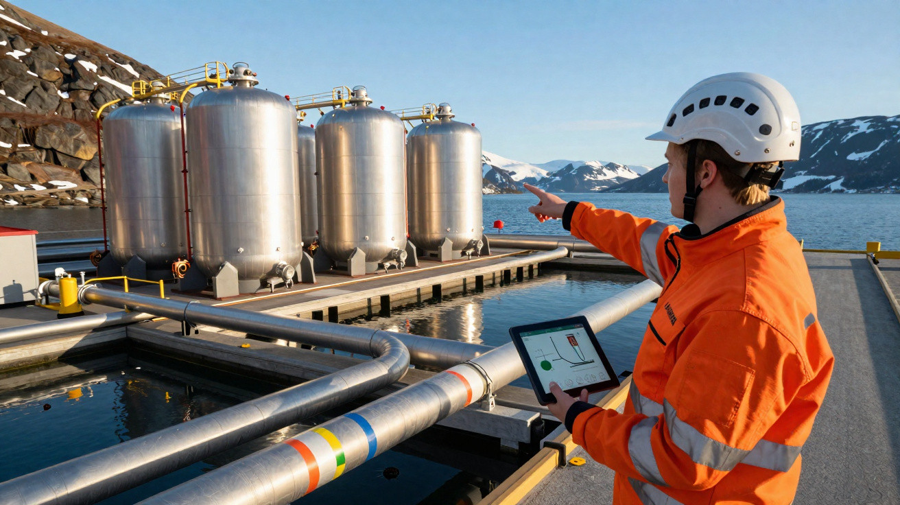 Techniker in orange Schutzkleidung mit Tablet zeigt auf große Industriebehälter an Gewässer und Schneebergen.