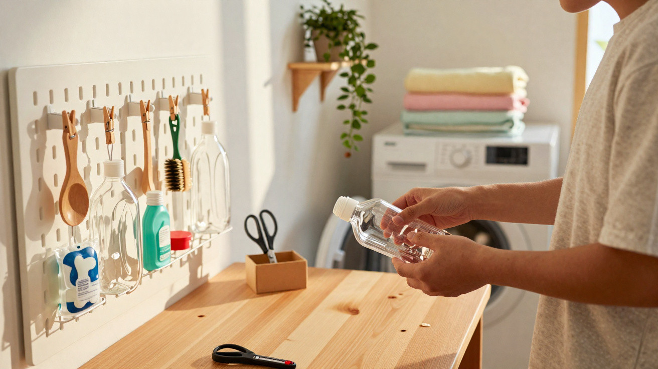 Person hält eine Flasche vor einer Wand mit Küchenutensilien und Wäscherei im Hintergrund.