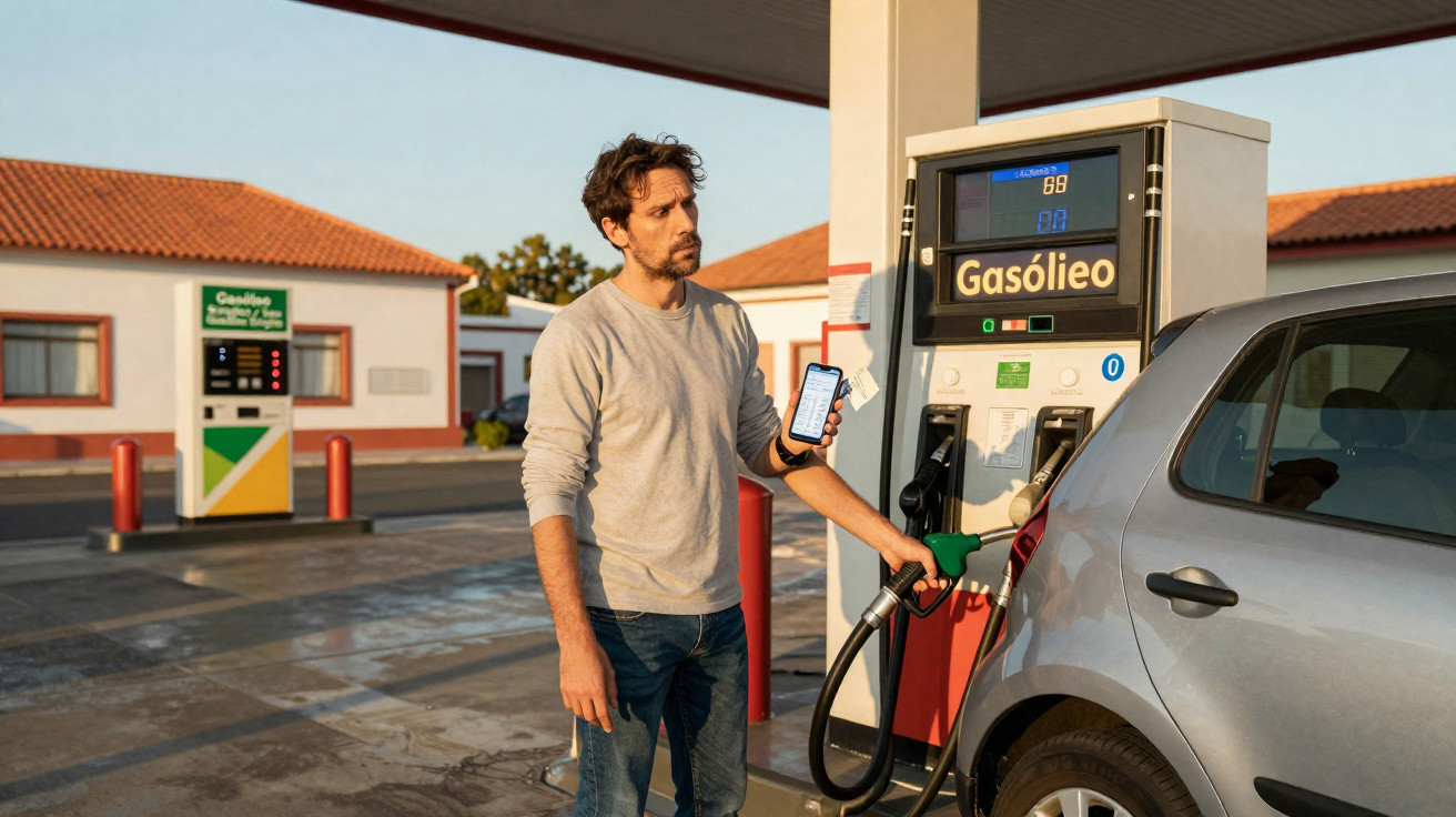 Mann tankt Auto mit Diesel an Zapfsäule, hält Smartphone und Geldschein an Tankstelle bei Sonnenuntergang.