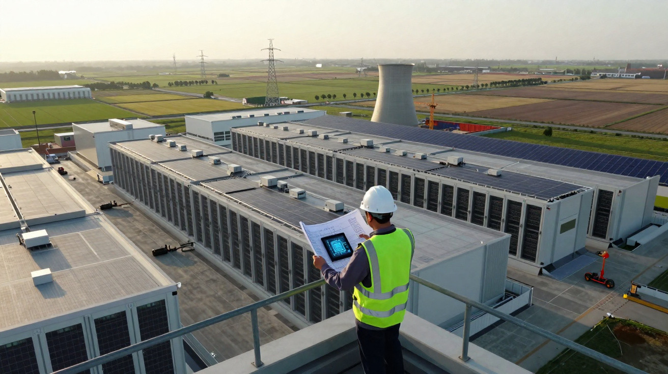 Ingenieur mit Helm und Warnweste überprüft Pläne auf Dach neben großem Rechenzentrum und Kühlturm in ländlicher Umgebung.