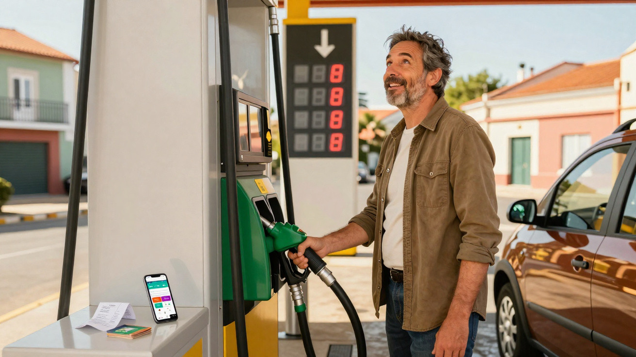 Mann tankt Auto an Zapfsäule an der Tankstelle bei sonnigem Wetter, Handy und Quittung sichtbar.