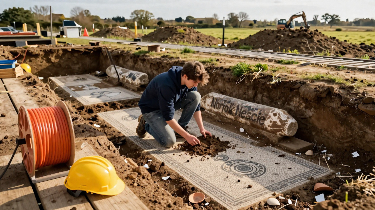 Junger Mann untersucht freigelegtes römisches Mosaik auf archäologischer Ausgrabungsstätte im Freien.