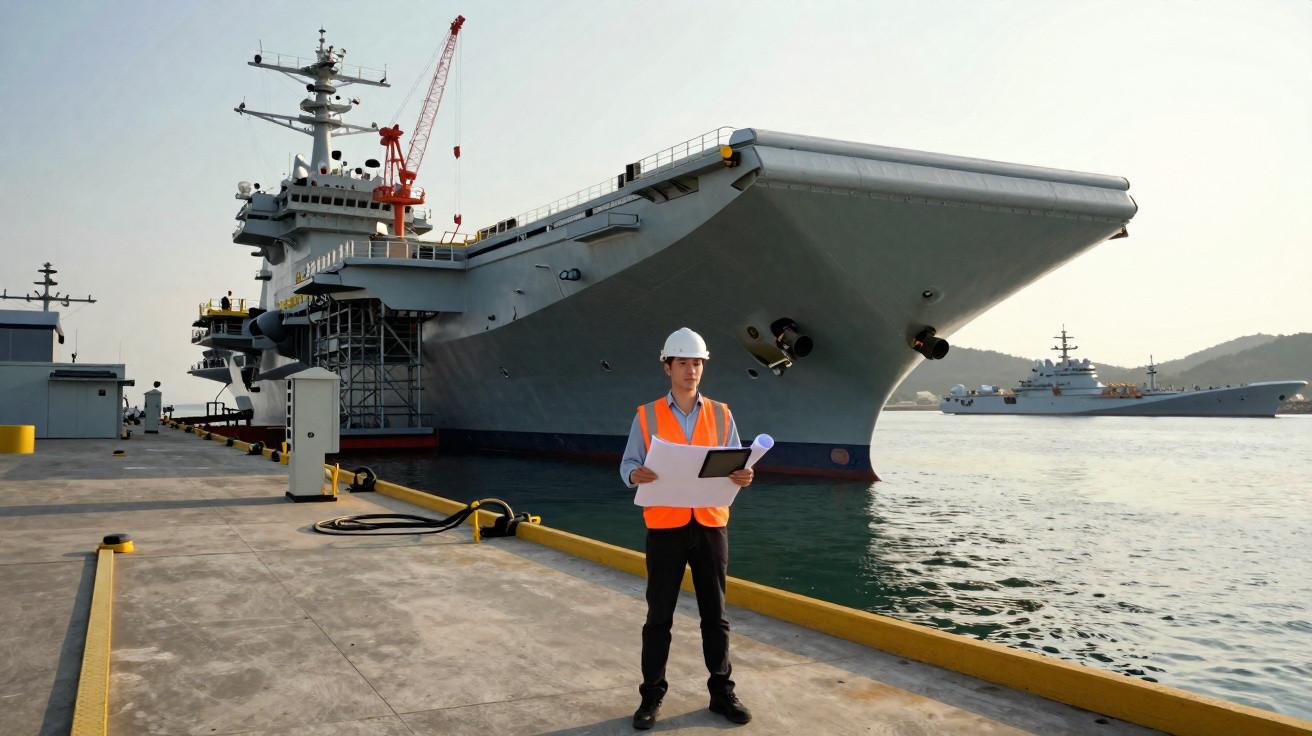 Ingenieur mit Bauhelm und Plänen steht am Hafen vor großem Flugzeugträger im Wasser bei Sonnenuntergang.