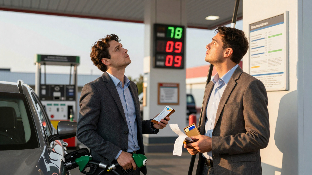 Zwei Männer in Anzügen stehen an einer Tankstelle und schauen nach oben, einer hält Zapfpistole und Beleg.