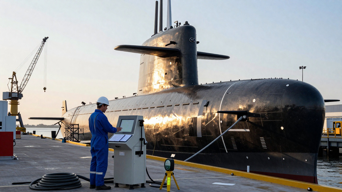 Ein Techniker in blauer Arbeitskleidung bedient am Hafen ein Steuergerät neben einem Atom-U-Boot bei Sonnenuntergang.