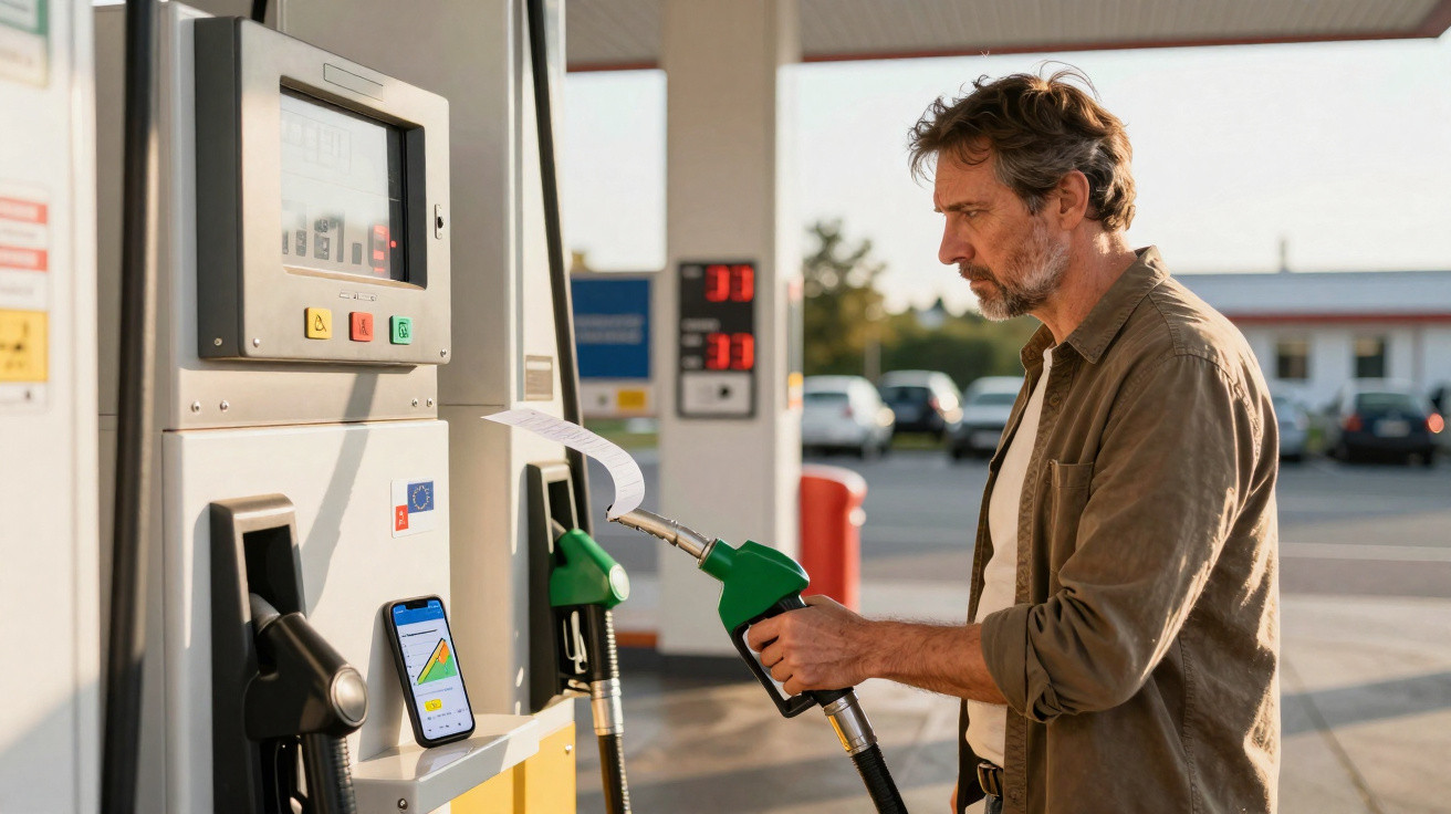 Mann hält Zapfpistole an Tankstelle, Smartphone mit Preisdiagramm am Tankautomaten sichtbar.