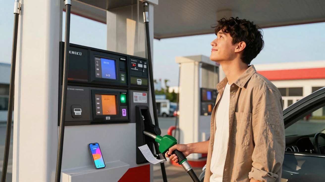 Junger Mann tankt Auto an moderner Zapfsäule an sonniger Tankstelle.