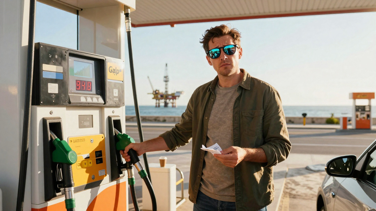 Mann mit Sonnenbrille tankt Auto an Tankstelle am Meer, hält Quittung in der Hand.