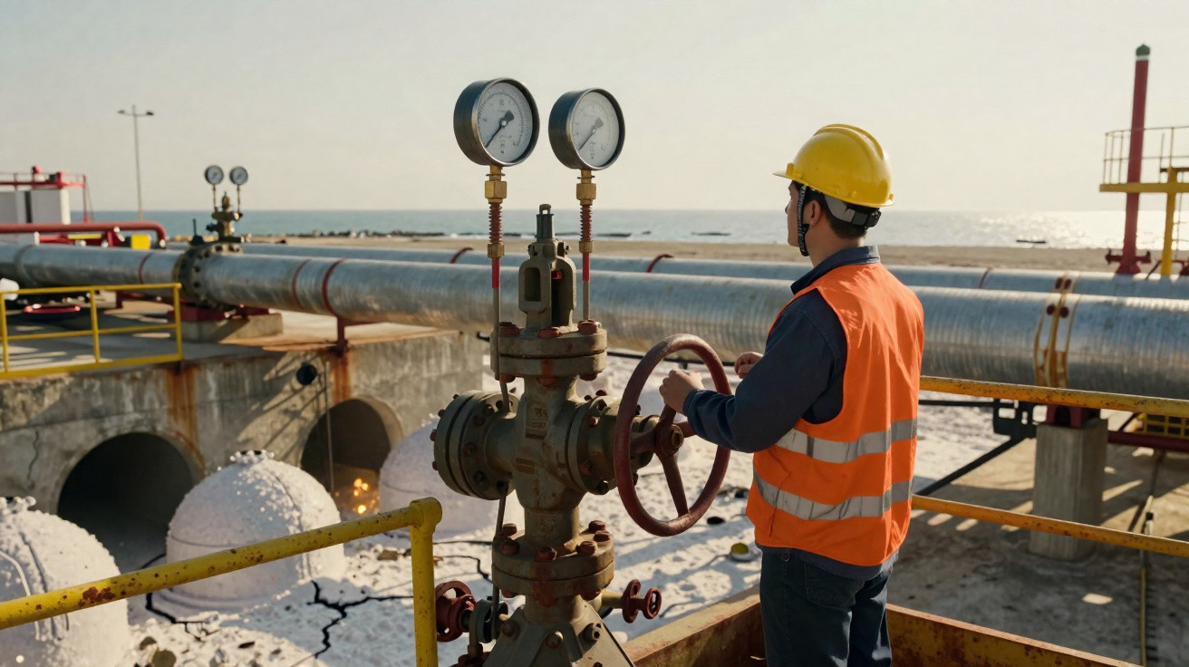 Arbeiter mit Helm und Warnweste bedient Ventil an Rohrleitung in Hafenanlage am Meer.