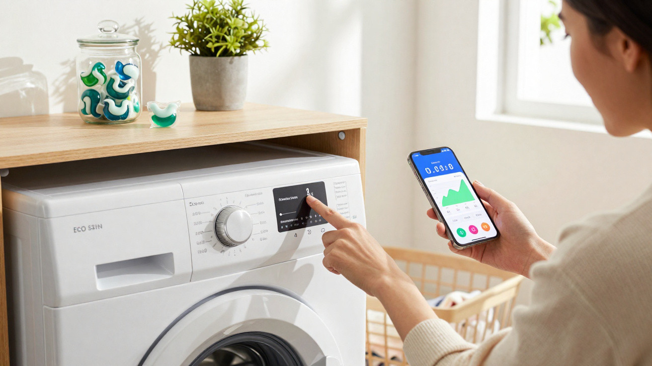 Frau bedient smarte Waschmaschine mit Smartphone-App in modernem, hellem Waschraum.
