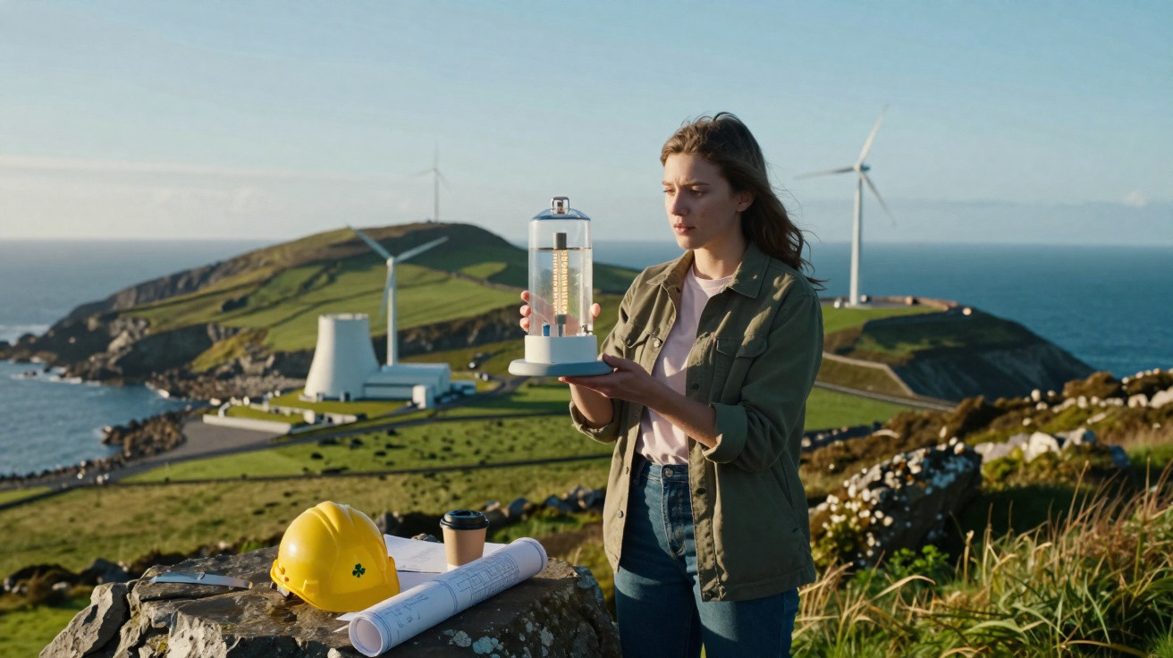 Frau hält Modell einer nachhaltigen Energieanlage vor Windkraftanlagen und Küstenlandschaft bei Sonnenlicht.