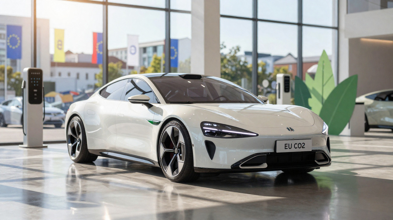 Weißes Elektroauto in modernem Showroom mit großen Fenstern und Ladestationen im Hintergrund.