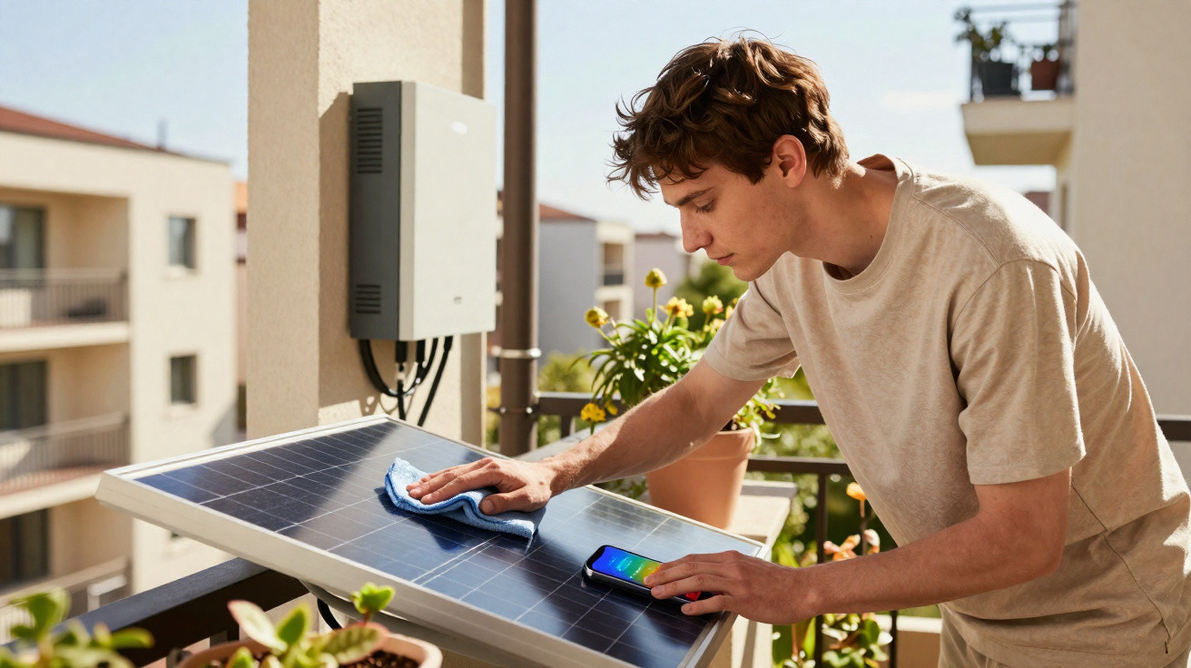 Junger Mann reinigt Solarpanel auf Balkon bei sonnigem Wetter mit Smartphone in der Hand.