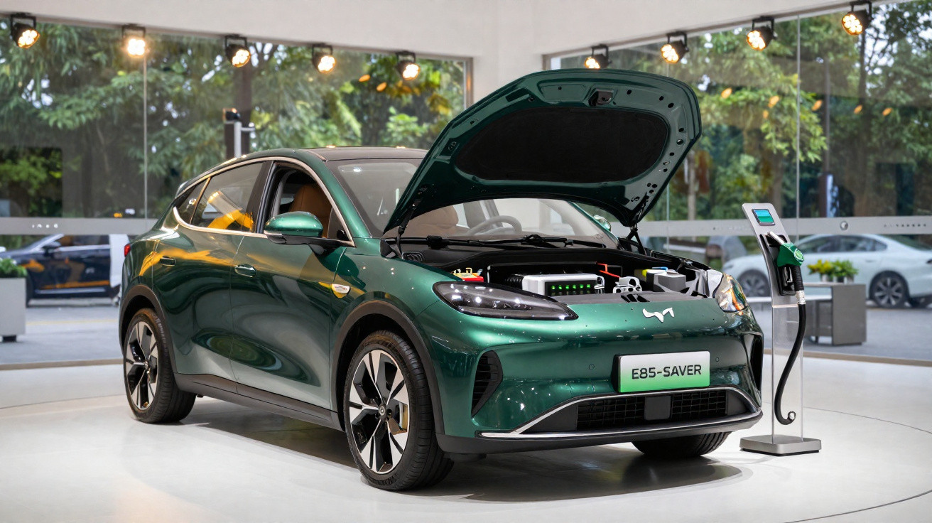 Grünes Elektroauto mit geöffneter Motorhaube und Ladestation in modernem Ausstellungsraum.