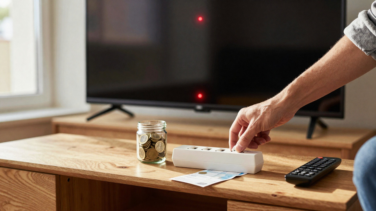 Hand steckt Stecker in Mehrfachsteckdose auf Holztisch mit Münzglas, Scheinen und Fernseher im Hintergrund.