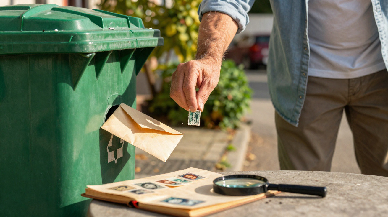 Mann wirft einen Briefumschlag in Mülltonne, hält Briefmarke, Briefmarkenalbum und Lupe auf Tisch im Freien.
