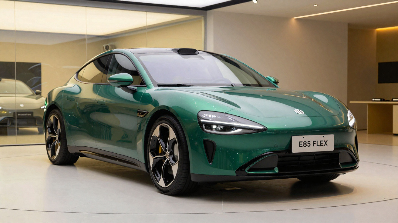 Grünes Elektro-Sportcoupé E85 FLEX steht in modernem Showroom mit hellem Boden und Wänden.