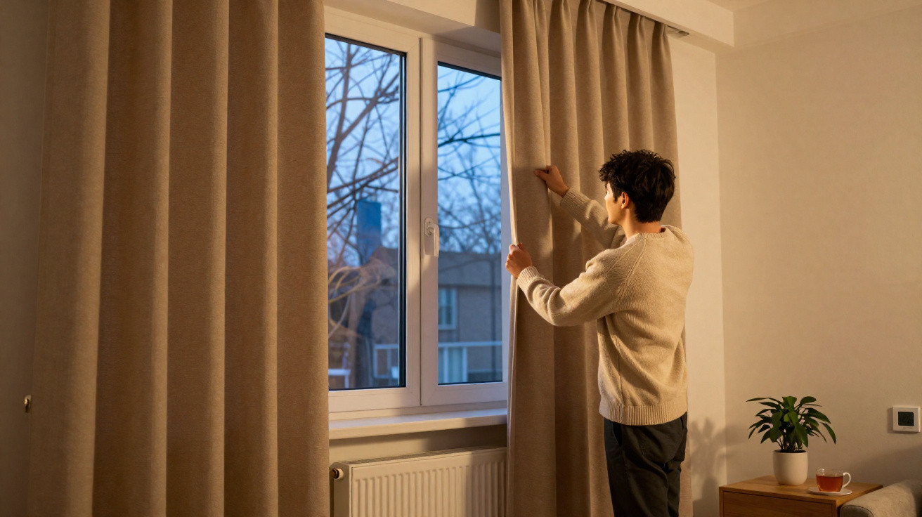 Person zieht im Wohnzimmer am Abend einen beigefarbenen Vorhang vor ein Fenster mit Blick auf Häuser.