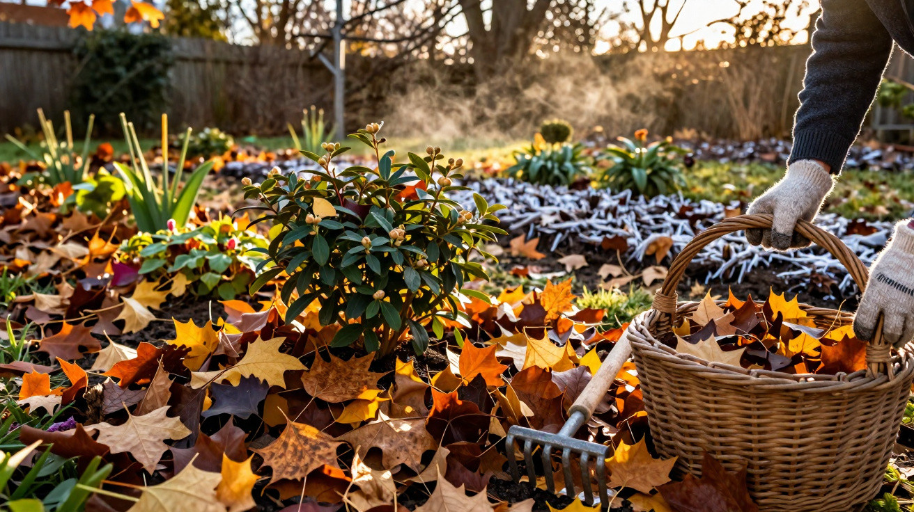 Garten mit bunten Herbstblättern, eine Person trägt Handschuhe und sammelt Laub in einem Korb bei Sonnenaufgang.