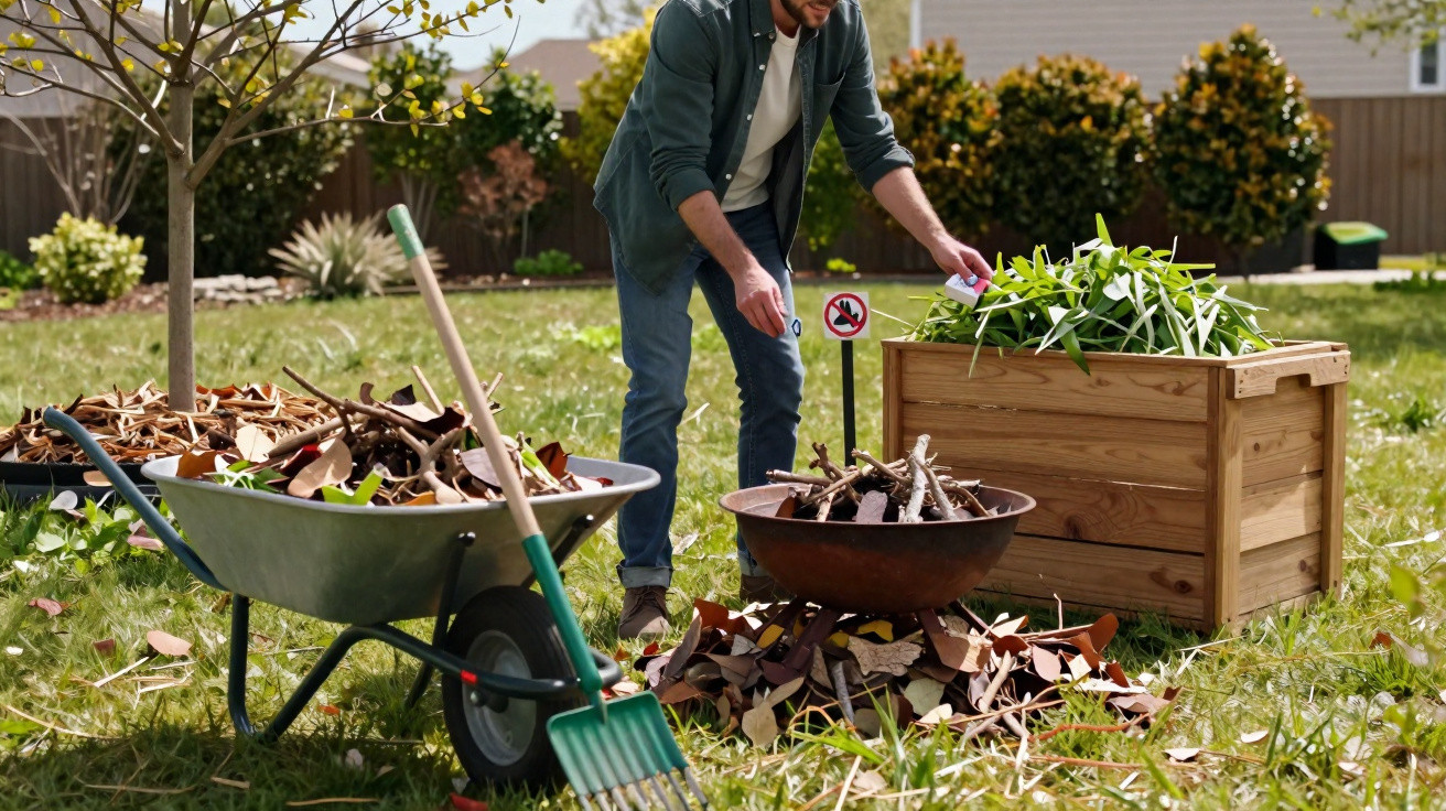 Mann sortiert Gartenabfälle in Kompostbehälter, mit Schubkarre und Rechen auf Rasenfläche im Garten.