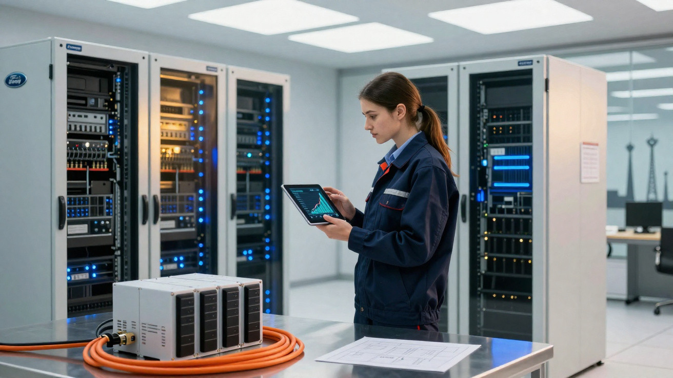 Technikerin prüft mit Tablet Daten in einem Serverraum mit mehreren Serverschränken und Netzwerkkabeln.