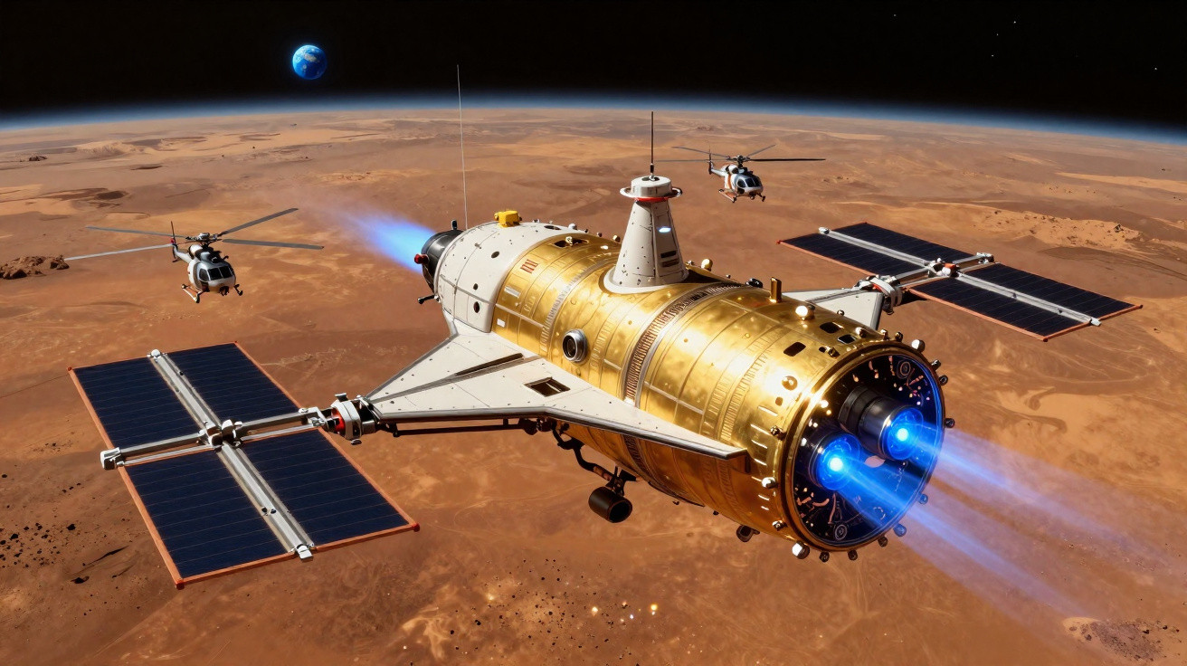 Raumschiff mit goldener Hülle, leuchtenden Triebwerken und zwei Hubschraubern über einer Marslandschaft im Weltall.