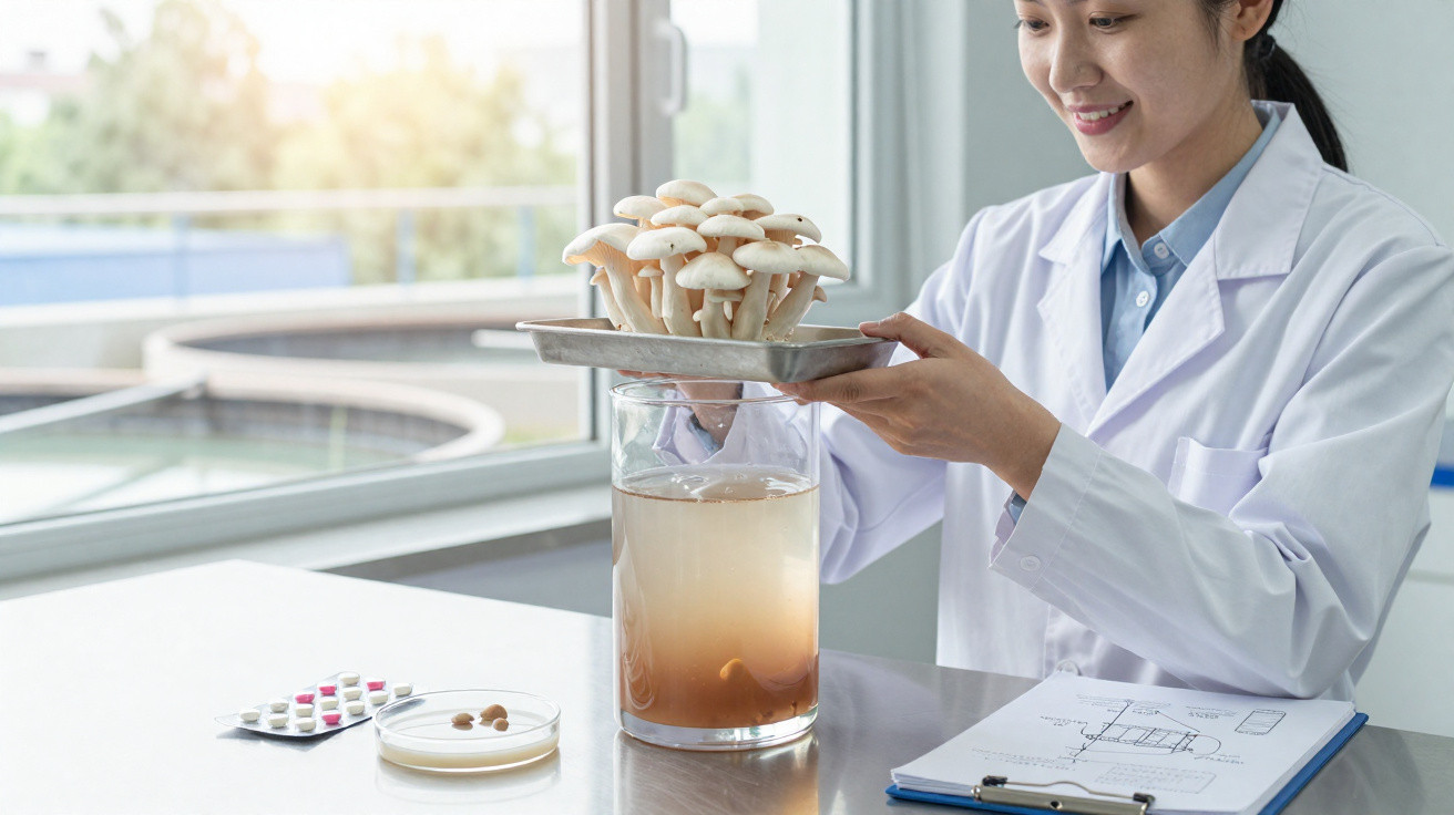 Wissenschaftlerin im Labor untersucht Pilze, die an einem Tablett über einem Glas mit Flüssigkeit wachsen.