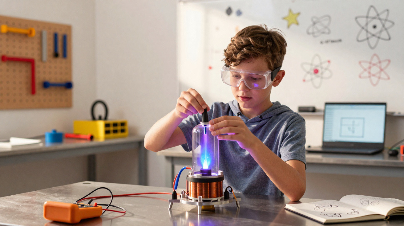 Junge mit Schutzbrille experimentiert mit leuchtendem Elektromagneten im naturwissenschaftlichen Klassenzimmer.