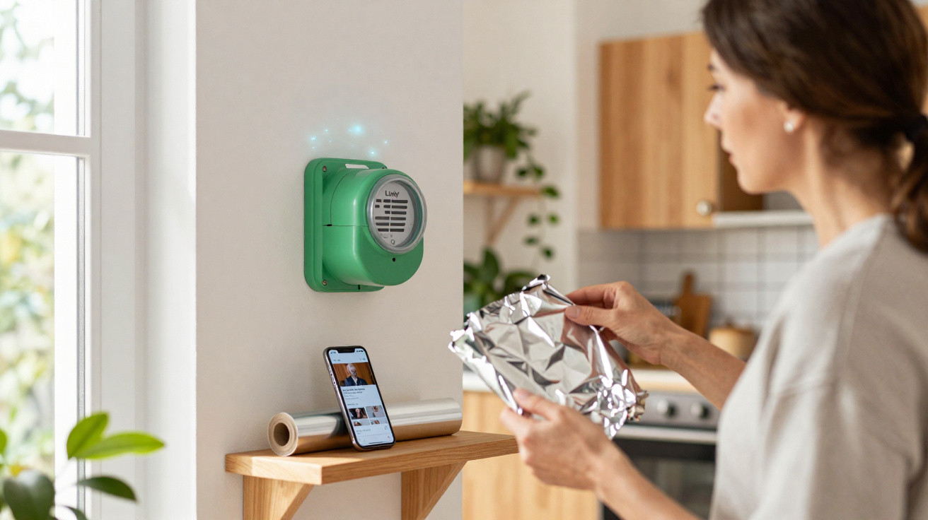 Frau bereitet Lebensmittel mit Aluminiumfolie vor, Wandgerät und Smartphone auf Holzregal in moderner Küche.
