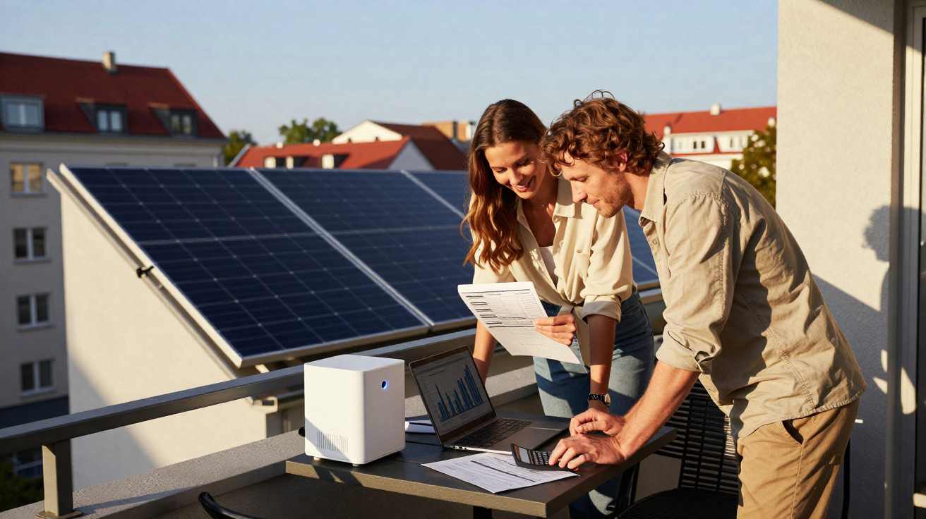 Junges Paar überprüft Solarenergie-Daten auf Laptop und Unterlagen auf einem Balkon mit Solarpanel im Hintergrund.