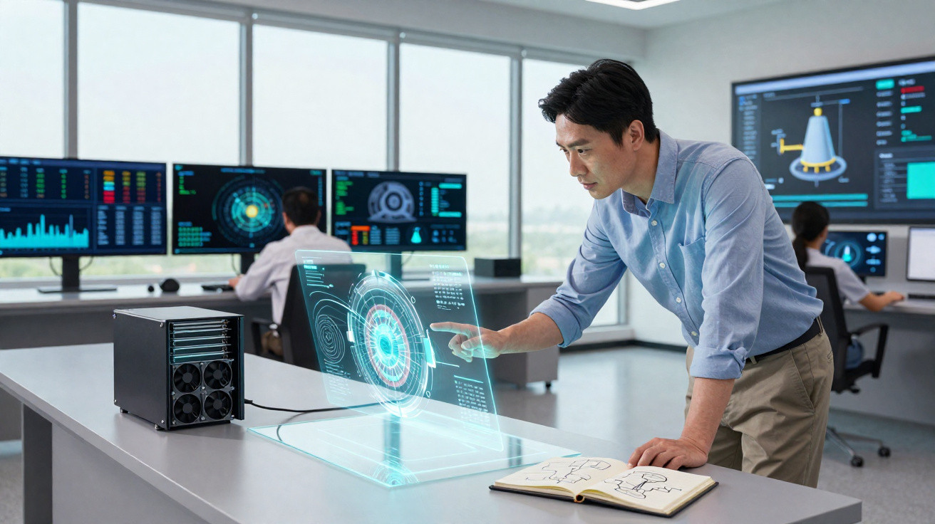 Mann interagiert mit futuristischem holografischem Display in modernem Büro mit mehreren Bildschirmen im Hintergrund.
