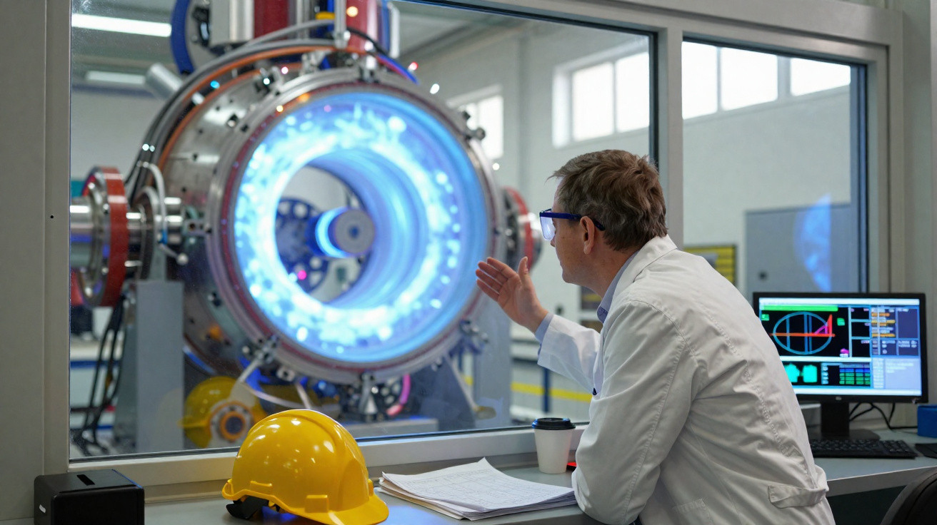 Wissenschaftler in Labor beobachtet leuchtende Hochtechnologie-Maschine durch eine Glasscheibe.