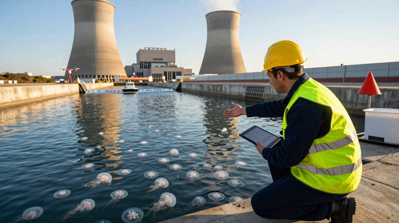Ingenieur mit Helm und Tablet am Wasserbecken eines Kraftwerks mit sichtbaren Quallen im Wasser.