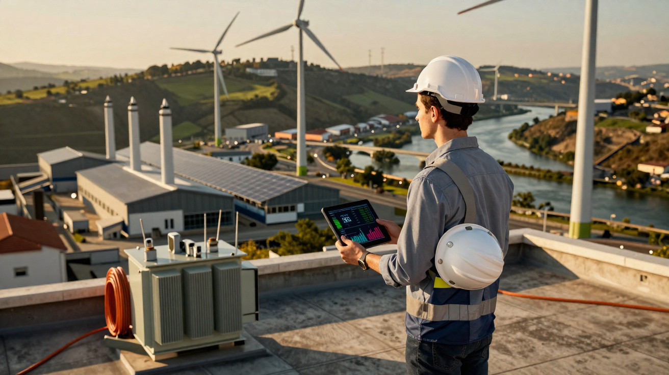 Ingenieur mit Helm und Tablet auf Dach vor Windrädern, Fabrik und Fluss im Hintergrund bei Sonnenuntergang