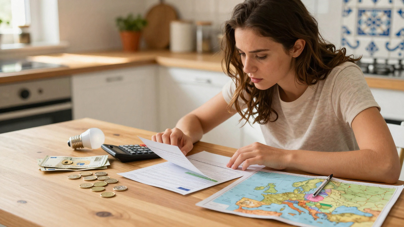 Frau prüft Rechnungen an Küchentisch mit Geld, Taschenrechner, Glühbirne und Landkarte von Europa.