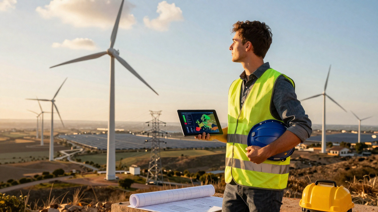 Ingenieur mit Tablet und Helm vor Windrädern und Solarpanelen bei Sonnenuntergang auf einem Feld