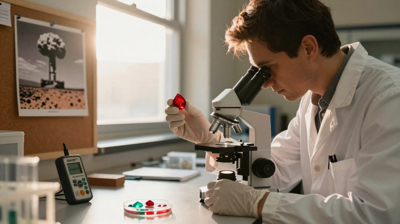 Wissenschaftler im weißen Kittel untersucht rote Substanz mit Mikroskop im Labor bei Tageslicht.