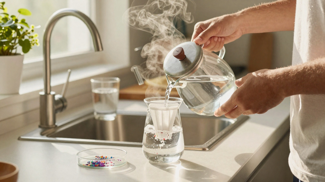 Person gießt dampfendes Wasser in ein Glas mit Filter in moderner Küche bei Tageslicht.