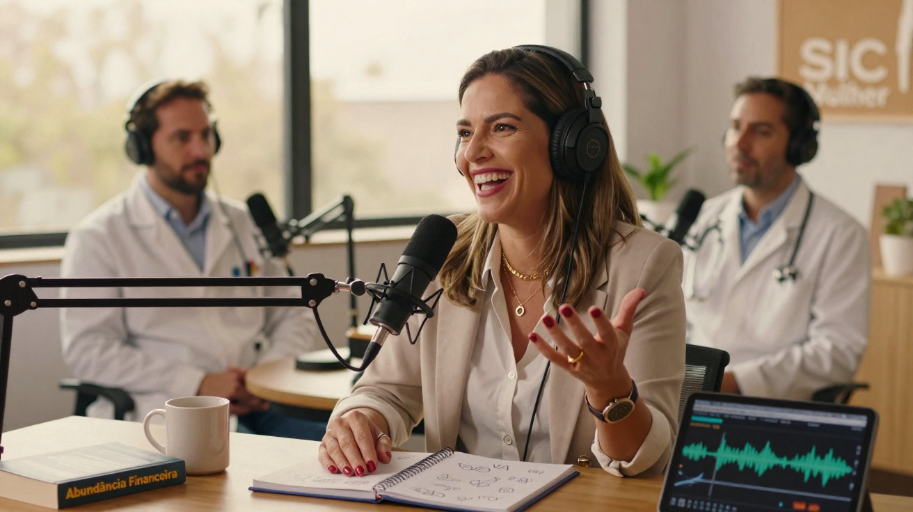 Frau mit Kopfhörern spricht in Mikrofon, zwei Ärzte im Hintergrund, Podcast-Aufnahme in modernem Studio.