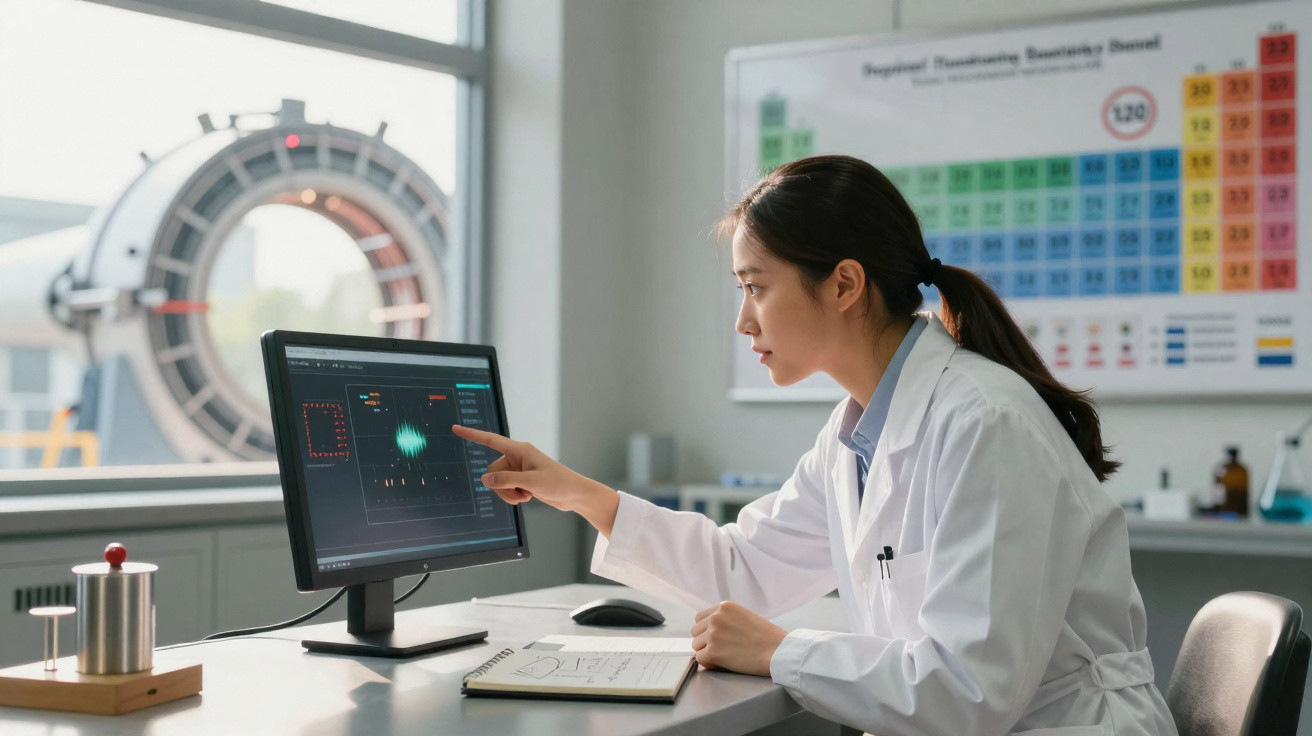 Wissenschaftlerin im Labor untersucht Daten auf Computerbildschirm vor Periodensystem an der Wand.