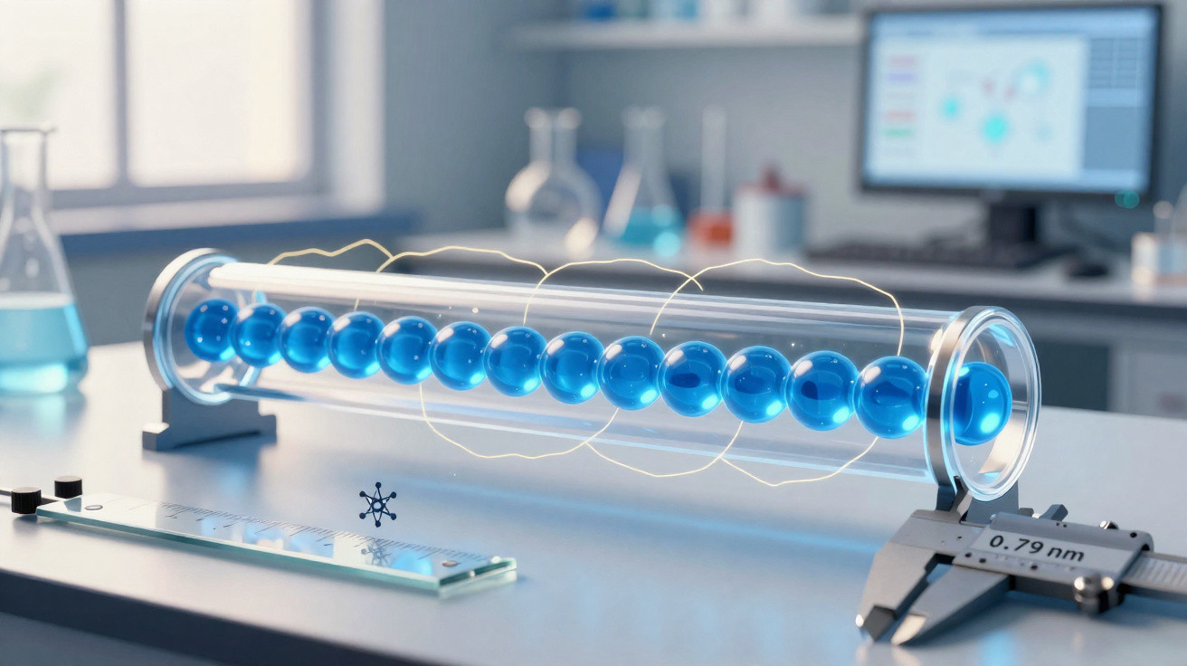 Modell einer Molekülkette mit blauen Kugeln in einem Labor, daneben Messschieber und Laborausrüstung.