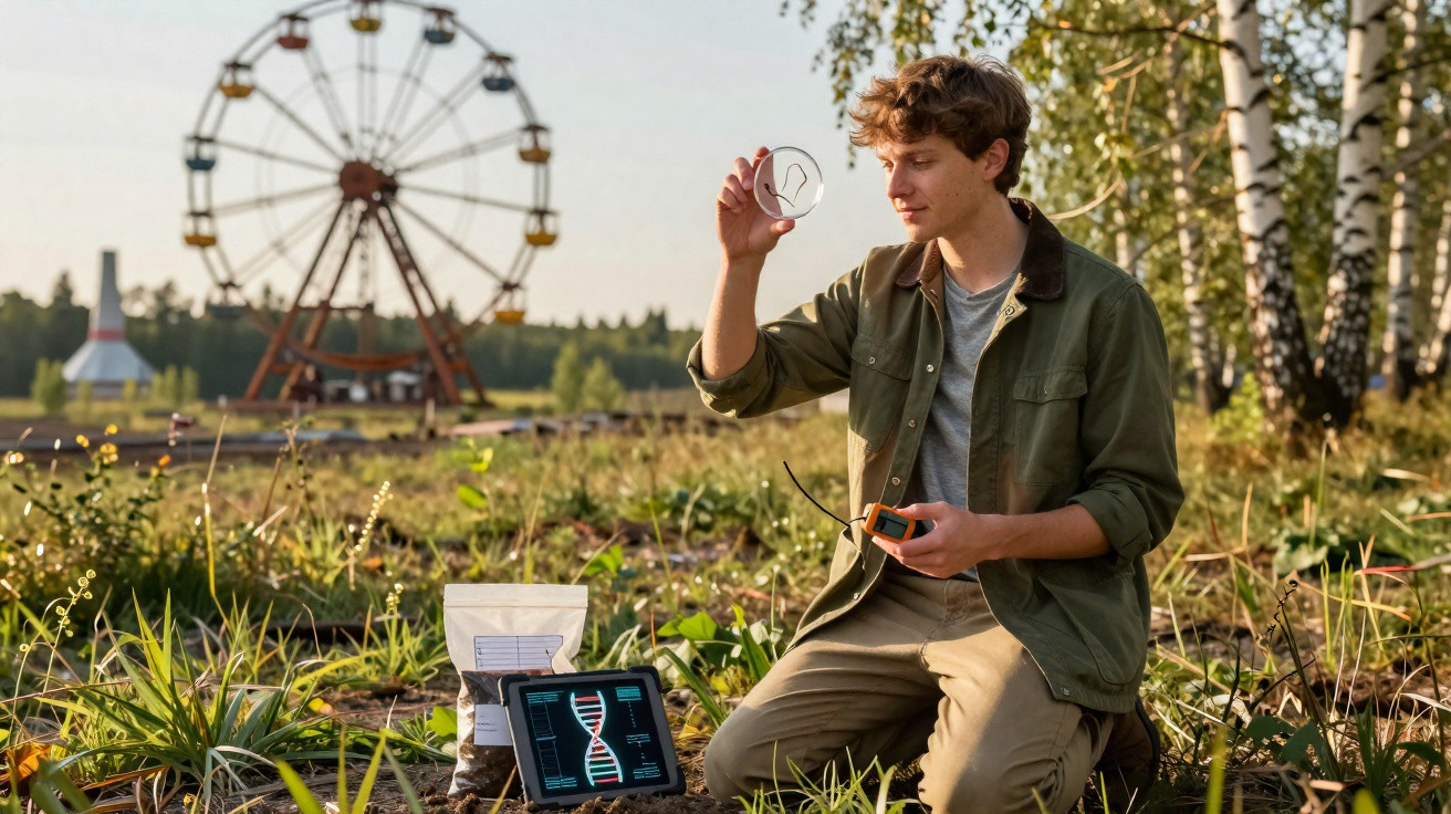Junger Mann untersucht Probe mit Laborgerät und Tablet im Freien vor Riesenrad und Birkenwald.