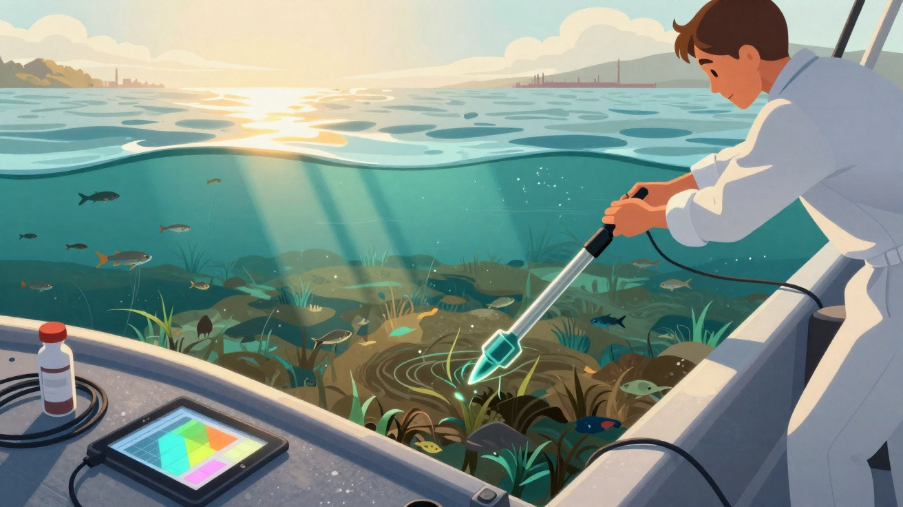 Wissenschaftler entnimmt Proben aus einem See mit einem Gerät, während Fische und Pflanzen sichtbar sind.