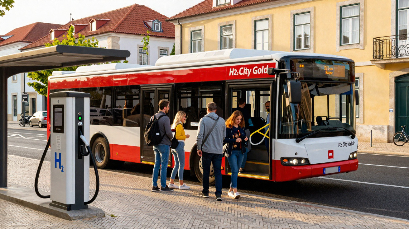 Menschen besteigen roten H2 City Gold Wasserstoffbus an Ladestation in städtischer Umgebung.
