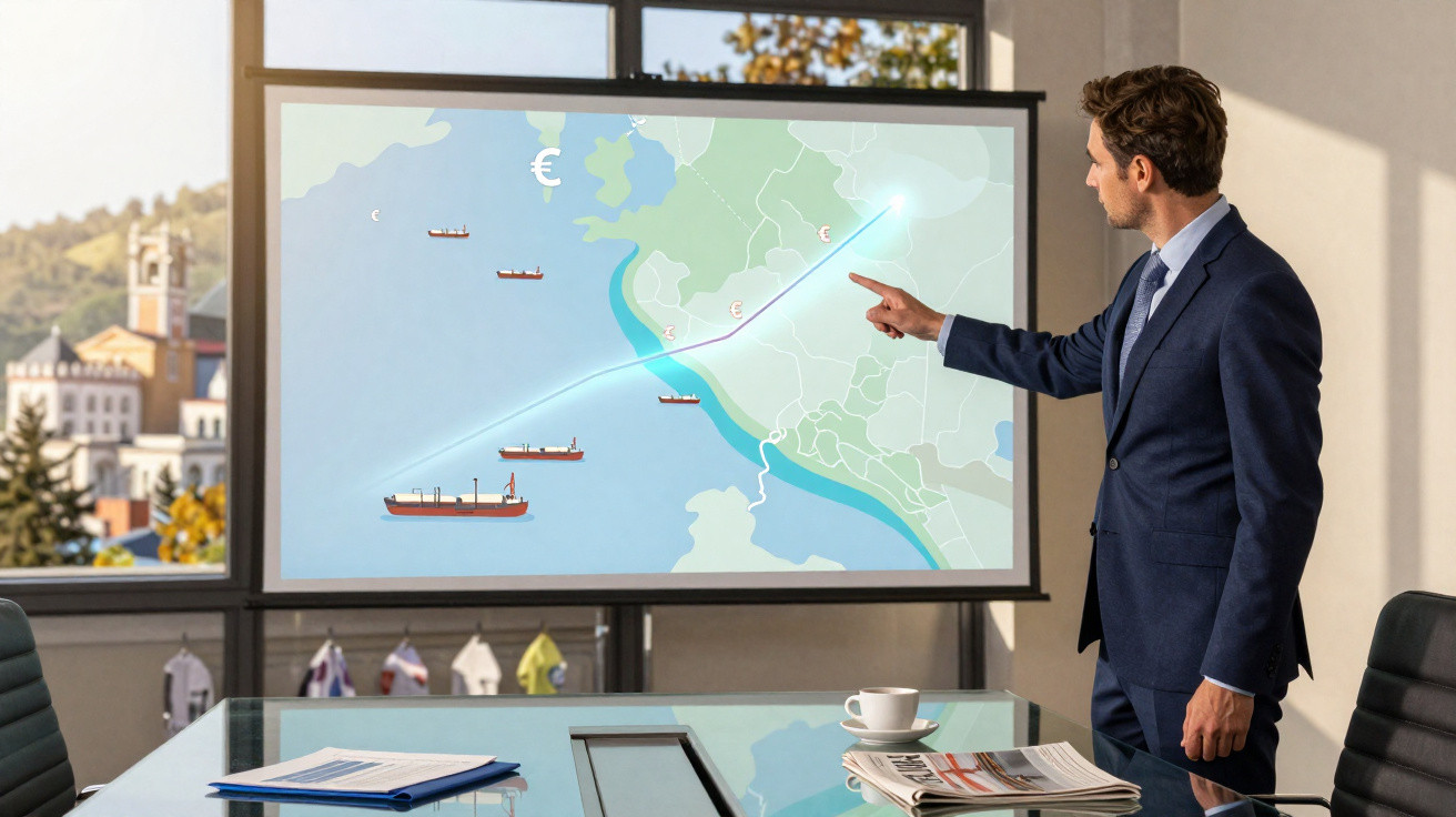 Geschäftsmann präsentiert Schiffsrouten und Wirtschaftsgebiete auf einer Landkarte im modernen Konferenzraum.